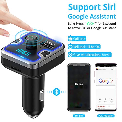 Bluetooth FM Transmitter for Car, Comsoon 7 Colors LED Backlit Bluetooth Car Adapter, Bluetooth Receiver Car Kit with Hands-Free Calling, QC3.0 Car Charger, Support USB Disk, microSD Card (Black)