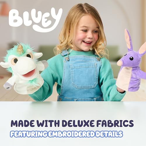 Bluey Unicorse and Bob Bilby Plush Puppet Pack of 2, 8-9”, Soft, Animal Puppets Made for Little Hands, Cuddly Puppets for Kids Ages 3+