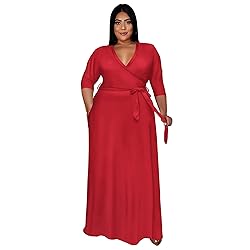 Runwind Plus Size Dress for Women 3/4 Sleeve V Neck