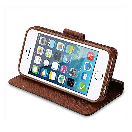 iPhone 5 Case, IPHOX [Cross Pattern Series][Black/Brown] Wallet Case ID Credit Card Cash Slots Premium PU Leather Case with Stand Flip Cover Protector for Apple iPhone 5s & iPhone 5SE--BK/BR - Thumbnail 7