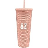 Sorority Shop Delta Zeta Studded Tumbler with Straw - 24 Oz Tumbler with Lid and Straw, Matte Coral, Reusable Plastic Cup with Screen Printed Greek Letters for Water, Ice Coffee or Any Drink