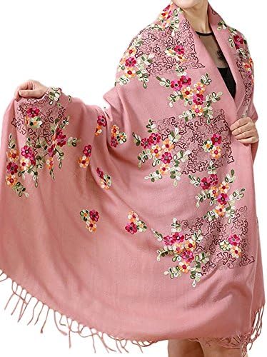 TLIH Women's Delicate Embroidered Soft Extra-Large Wool Scarf Wrap Shawl Pink