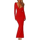 HOCILLE Women's Sexy V Neck Long Sleeve Bodycon Wedding Guest Elegant Maxi Cocktail Party Dresses