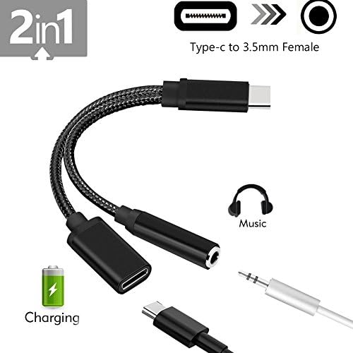 Type C to 3.5mm Audio Headphone Jack Adapter, Tontion 2 in 1 Nylon Braided Type C Charger and 3.5 mm Audio Headphone Jack Conversion Adapter - Not Support Computer and HTC Phone (Black)