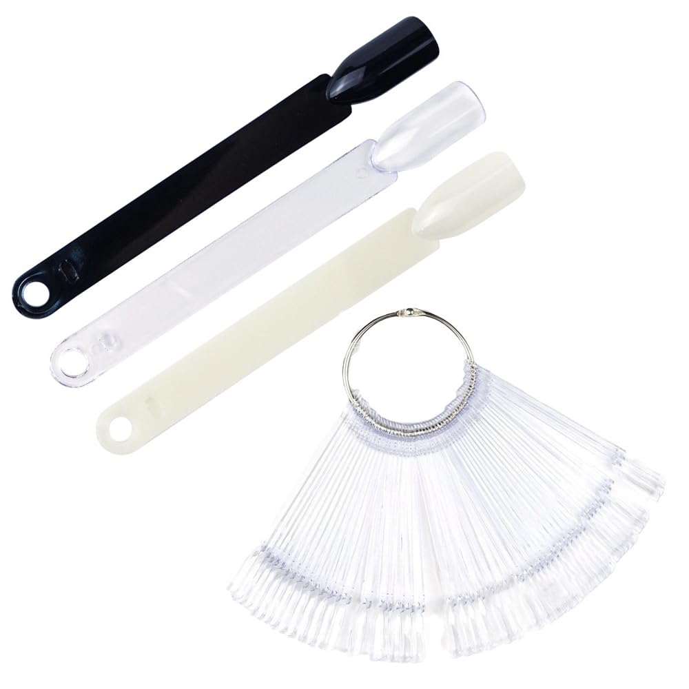 QIRUIRED 150Pcs Nail Art Tips Sticks with Metal Ring, Clear Black Natural, for Nail Salon & Beginners (Nail Colour Display Swatches)