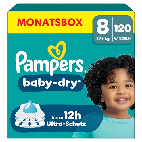 Pampers Panales tamano 8 (17 kg+) Baby Dry, extra grande, caja de meses, hasta 12 horas de proteccion contra fugas, 120 unidades (1 unidad)