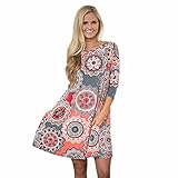 Women 2017 Casual Round Neck 3/4 Sleeve Boho Side Pocket A-Line Tunic Loose Shirt Dress (XXL, Pink)