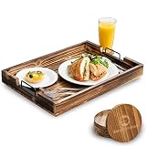 SimplyKitchen Rustic Torched TV Serving Tray 20 x 14 inch with 4 Rounded Fir Wood Coasters Great for Lap, Couch, Ottoman, Dinners, Bed + Breakfast, Coffee Tables - Decor for Coffee Bars, Restaurants
