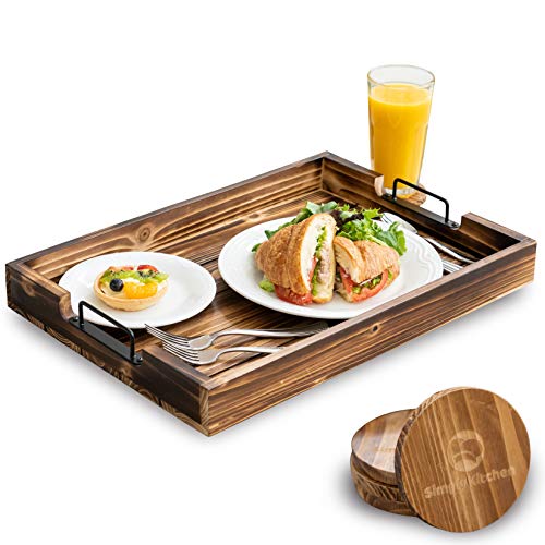 SimplyKitchen Rustic Torched TV Serving Tray 20 x 14 inch with 4 Rounded Fir Wood Coasters Great for Lap, Couch, Ottoman, Dinners, Bed + Breakfast, Coffee Tables - Decor for Coffee Bars, Restaurants