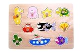 Classic Ocean Sea Animals Wooden Peg Puzzle for Toddlers, Preschool Age w/ Colorful Wood Knob Pieces Fish, Whale, Turtle, Seahorse, Boat. Simple Educational & Sensory Learning for 1, 2 & 3 Year Olds
