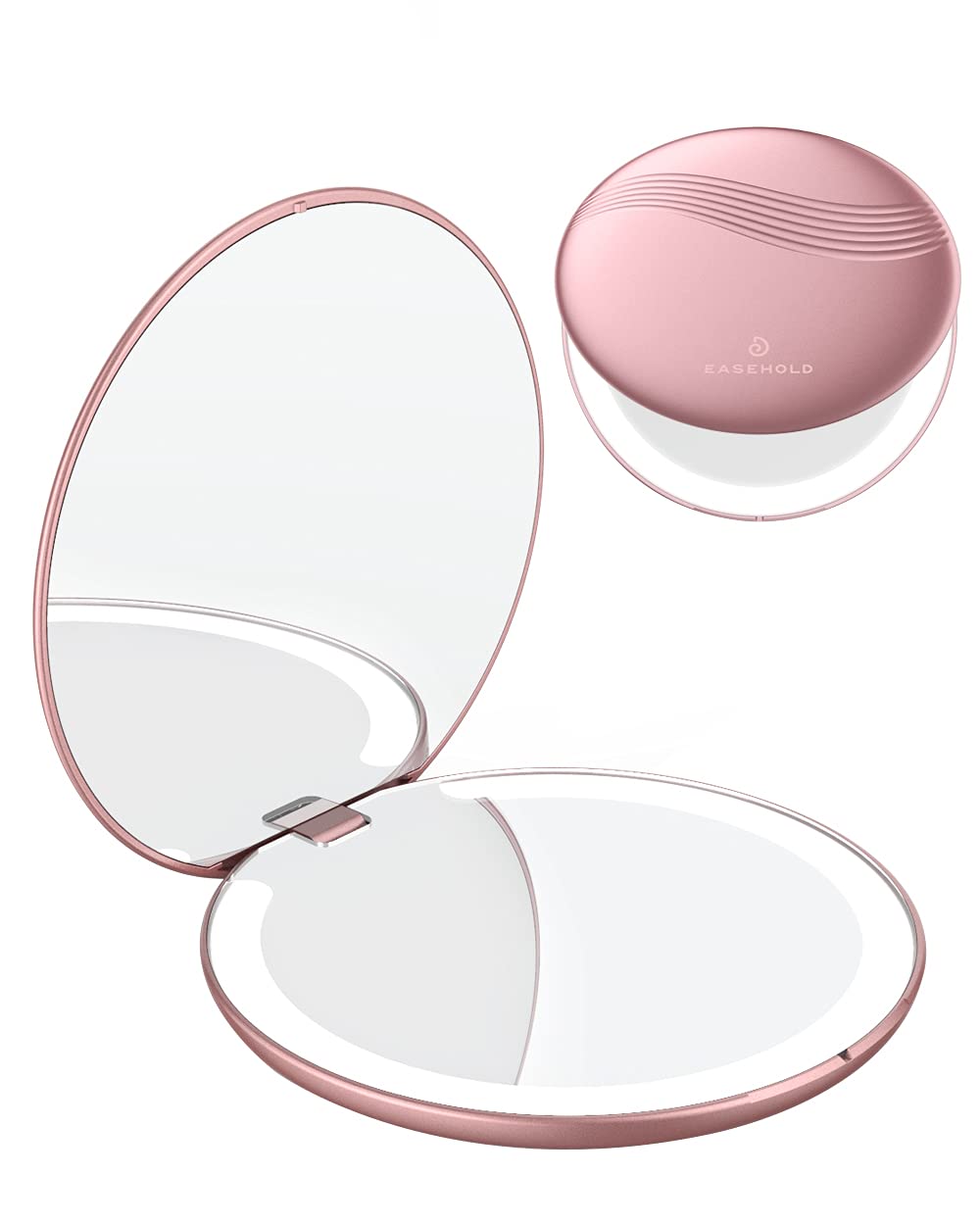 EASEHOLD Folding Makeup Mirror Rechargeable LED Lighted Travel Dimmable 1X/3X Magnifying LED Illuminated Portable Vanity Compact Mirror (Rose Gold)