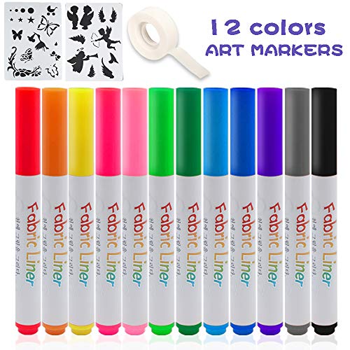 Fabric Markers,Happlee Fabric Paint Pens Permanent 12 Colors for T-Shirts Clothes with 2 Stencils Set and 1 Roll Invisible Tape
