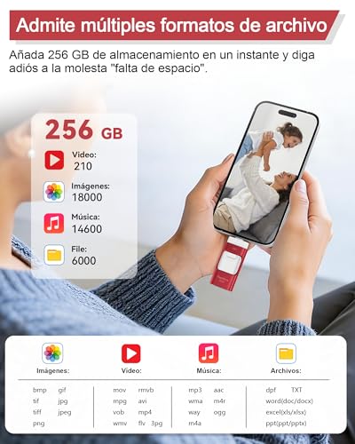 ZARMST USB Flash Drive 256GB for Phone and Android, 4 in 1 USB 3.0 with Iightning/USB-C/Micro USB/USB-A, External Memory for Mobile, Photo and Video Storage, Red