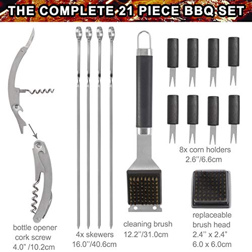 POLIGO 21pcs Heavy Duty BBQ Grill Tool Set with Heat Resistant Handle - Stainless Steel Barbecue Utensil Accessories in Plastic Storage Case - Complete Outdoor BBQ Grilling Kit - Birthday Gift for Men