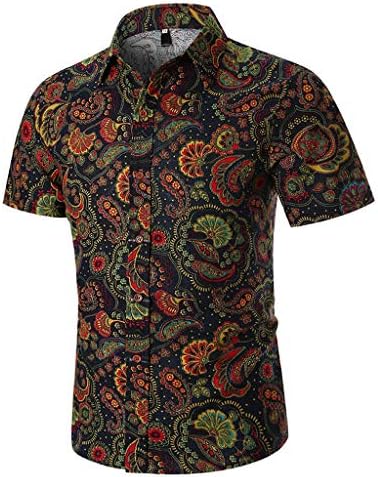 Nadition Fashion Vintage Blouse for Men's Summer Button Down Paisley Print Shirt Short Sleeve Stand Collar Polo Shirt Top Blouse