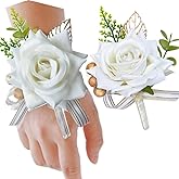 OUKEYI Rose Flower Wrist Corsage Boutonniere Set, Handmade Artificial Corsage Set, Bride Hand Flower Wristlet Band Bracelet and Men Boutonniere for Wedding Party Prom Decorations2PCS (White)