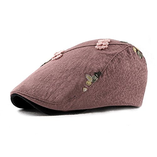 ZLSLZ Womens Linen Adjustable Floral Embroidery Ivy Newsboy Cabbie Gatsby Beret Sun Hat Cap Pink