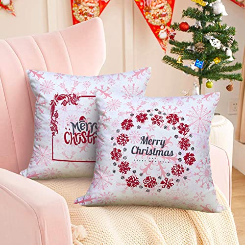 HELERKOL Set of 4 Pink Christmas Throw Pillow Covers 18x18 inch Snowflake Pillow Covers Winter Holiday Couch Sofa Cushion Covers Pillow Case