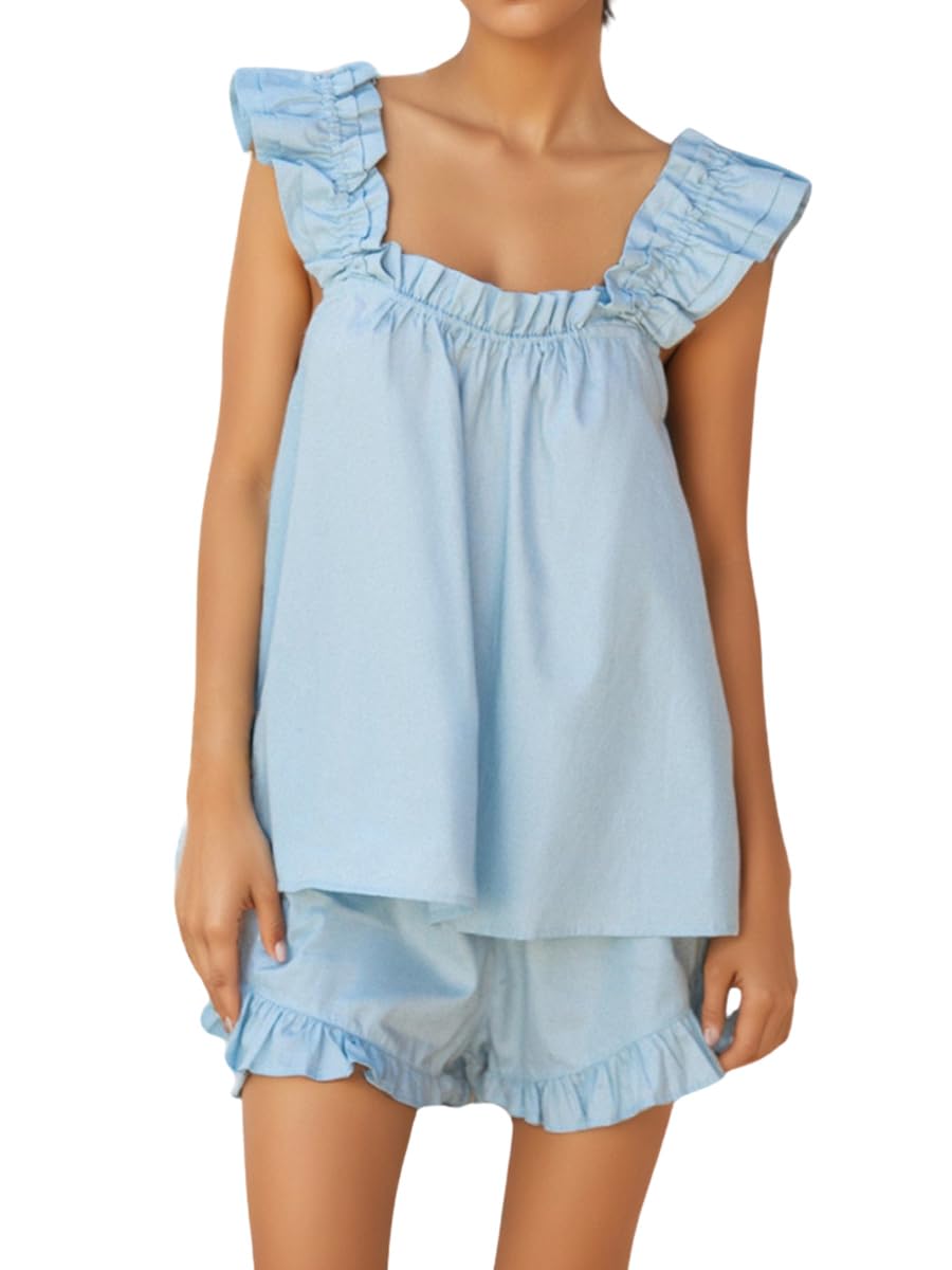 Sotimoon Women's Summer Pajama Set - 2 Piece Cotton Loungewear With Ruffle Trim Top & Shorts, Blue, Medium