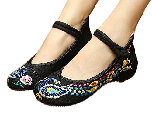 AvaCostume Chinese Traditional Phoenix Pattern Womens Embroidered Walking Shoes, Black, 41