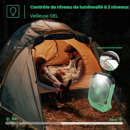 ATEngeus USB Fan, 10000 mAh Rechargeable Battery, 4 Speed, Camping Fan, 8 Inch, 180° Swivel, LED Light, Timer, Fan for Camping, Travelling
