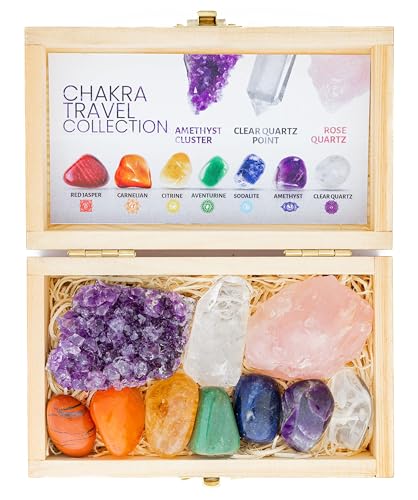 Chakra Crystals and Healing Stones Set with Wooden Gift Box, Includes 7 Tumbled Gemstones, Amethyst Crystal, Rose Quartz, Quartz Crystal Point, Stone Guide, Ideal for Beginners, Meditation, Yoga
