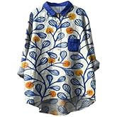 Womens Vintage Animal Floral Print Button Down Shirt with Pocket,Long Sleeve Loose Blouse for Vacation Party Work