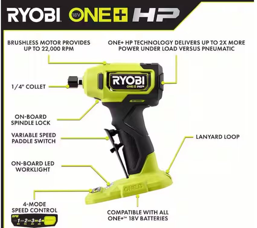 RYOBI 18V ONE+ HP Compact Brushless 1/4" Right Angle Die Grinder Kit with Battery & Charger – 22K RPM Power