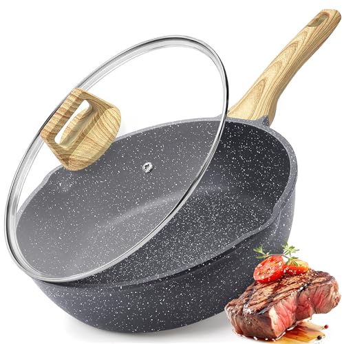 GiPP Nonstick Deep Frying Pan - 24cm Saute Pan with Lid Granite Induction Cookware, Non Stick Woking Pan Skillet, Dishwasher Safe, PFOA PFOS APEO Free (Gray)