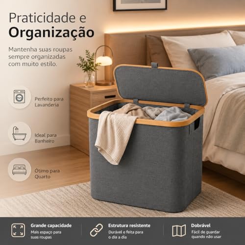 Cesto de Roupa Suja Dobrável com Tampa, Organizador para Lavanderia, Banheiro e Quarto