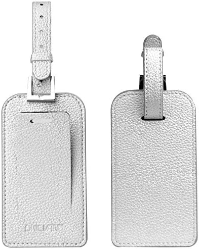 Litchi Grain Leather Luggage Tag with Snap Closure (Silver)