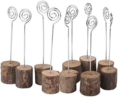 Jimcoser Rustic Real Wooden Base Place Card Holders Iron Wire Picture Picks Clip Holder Stand for Wedding Table Name Number Photo Card Memo Holder Party Decorations(10 Pack)