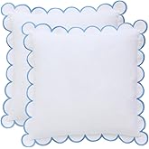 BEBE BASK Scalloped Pillow Cover - Set of 2-18 x 18 Inch - Scallop Pillow Cover – White and Blue Scalloped Pillows - Scallop Pillows - 100% Cotton - Grandmillennial Style (White/Blue)