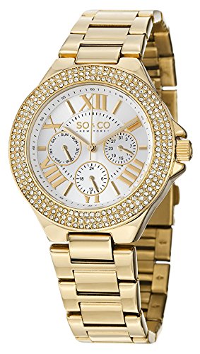 SO&CO New York Women's 5019.3 Madison Day and Date Crystal-Accented 23K Gold-Tone Stainless Steel Link Bracelet Watch