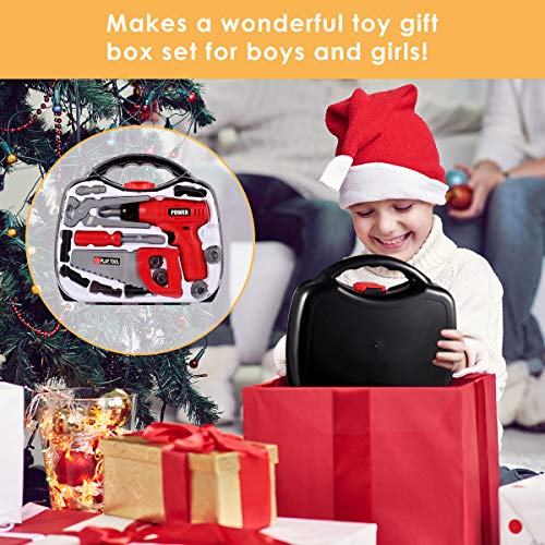 Durable Kids Tool Set, Cakie Kids Pretend Play Toy Tools Set with Electronic Cordless Drill and 16 Pretend Play Construction Accessories with a Sturdy Case