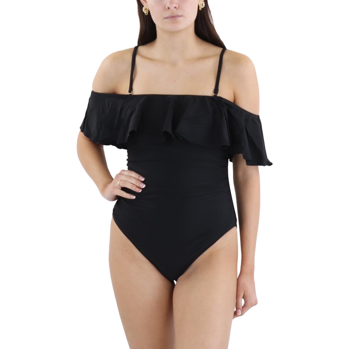 Photo 1 of BCBGMAXAZRIA Women's Standard One Piece Swimsuit Off The Shoulder Tummy Control Quick Dry Bathing Suit, Solid Black