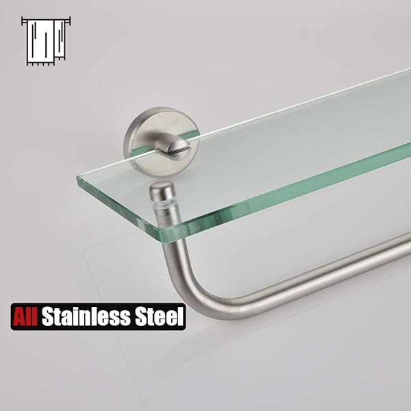 JQK BATHROOM GLASS SHELF, SHELF WITH 19 INCH TOWEL BAR TEMPERED GLASS SHOWER STORAGE 20 BY 5 INCHES, 304 STAINLESS STEEL BRUSHED FINISH WALL MOUNT, TGS100L20-BN