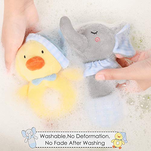 TILLYOU 2 PCS Soft Baby Rattle for Newborns, Plush Stuffed Animal Rattle, Rattle Shaker Set for Infants, Shower Gifts for Girls Boys, Shaker & Teether Toys for 3 6 9 12 Months (Elephant/Ducking)