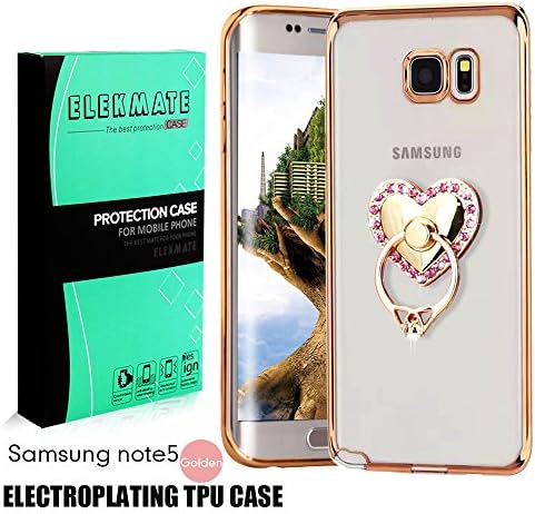 [Ring Buckles + Electroplate Frame TPU] Samsung Galaxy Note 5 Clear Case, ELEKMATE Ultra Thin Slim Protective Back Cover Case for Galaxy Note 5 [CZ Diamond] (Gold+Pink Heart)
