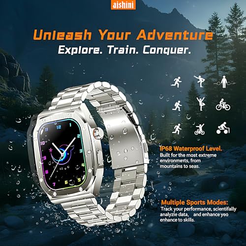 Aishini Bluetooth Calling Smart Watches for Men 2.1"IPS Large Touchscreen IP68 Waterproof Men's Smart Watch 460mAh,120+ Sport Modes, 70 Days Battery Life Fitness Smart Watch (Orange + Silver) Band
