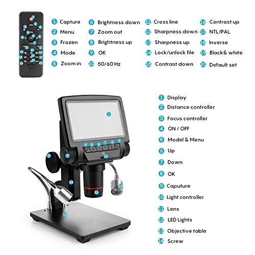 LCD Digital Microscope 5 in HD Screen High Magnification Camera Video Recorder, 8 LED 2 Fill Lights, with Remote Control, Compatible with Windows XP/7/8/10