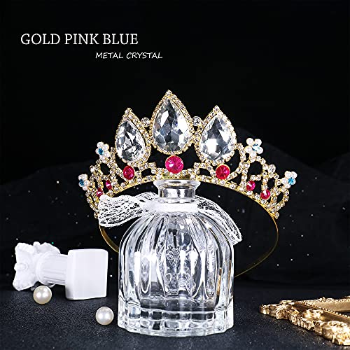 Princess Tiaras for Girls Rapunzel Crown Tiara Headband Pearl Rhinestone Birthday Girl Colored Crystal Wedding Flower Party Prom Cosplay Kids Hair Accessories, Gold + Clear Ruby, Pink, 4.33*7.39