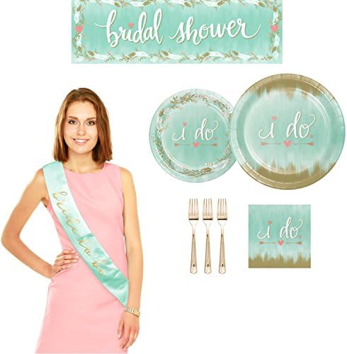Bridal Shower Party Supplies Kit - Mint Themed Partyware, 8 Luncheon Plates, 8 Banquet Plates, 16 Luncheon Napkins, 24 Forks, 1 20"x 60" Banner, 1 Bride Sash. (Super Deluxe)