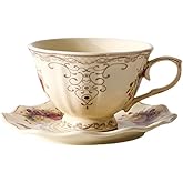 PICORLANE 8 oz Vintage flower Ceramic cup and 6" saucer set with Brand customized stainless steel spoon Gifts for Afternoon Tea Coffee Hour (F)