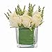 MyGift Artificial Ivory Roses in Square Glass Vase, Faux Flower Arrangements