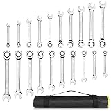 FIXKIT 20-Piece Ratcheting Wrench Set Ratchet Wrenches Set, Professional Superior Quality Chrome Vanadium Steel SAE & Metric Combination Ended Standard Kit with Portable Suspended Canvas Bag