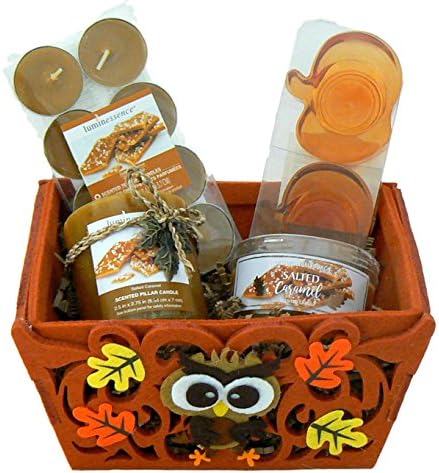 Salted Caramel Scented Candle Gift Set: 6 Pc Tealight Pillar and Scented Candles, Pumpkin Shaped Tealight Holders and Decorated Felt Gift Basket