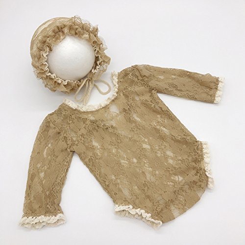Baby Photography Props Lace Hats Rompers Newborn Girl Photo Shoot Outfits Hat Set Infant Princess Costume (Khaki)