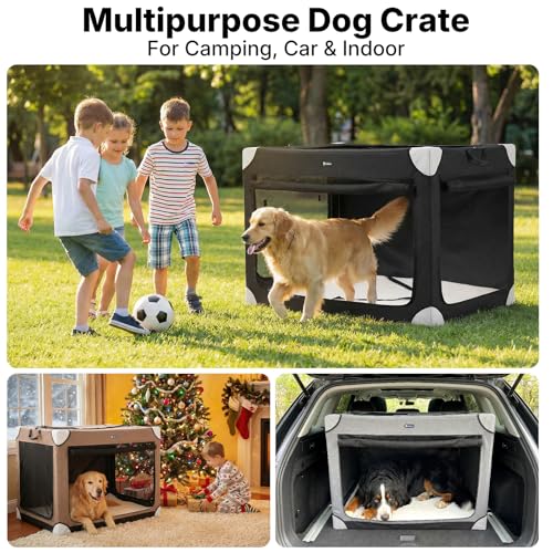 Veehoo Collapsible XL Dog Crate, Portable Travel Soft Dog Crates for Large Dogs up to 90 lbs, 48 Inch Foldable Pet Kennel with 4-Door Mesh Windows for Indoor Outdoor, Black