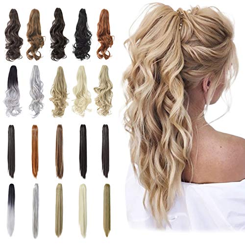 Qunlinta Hair Extensions Ponytail 18″ 20″ Claw Curly Wavy Straight Clip in Hair Extensions Synthetic Hairpiece Light Auburn